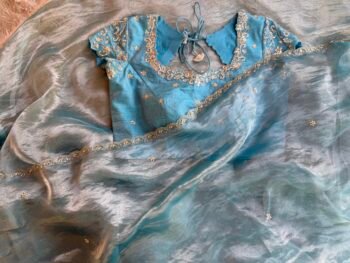 tissue silk saree with hand embroidered blouse/pista blue saree with hand work blouse| sarees